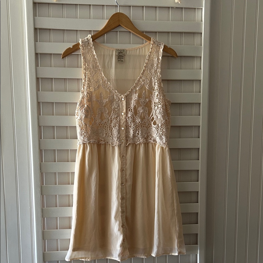 Eyelash Couture Beige Lace Button-Front Mini Dress